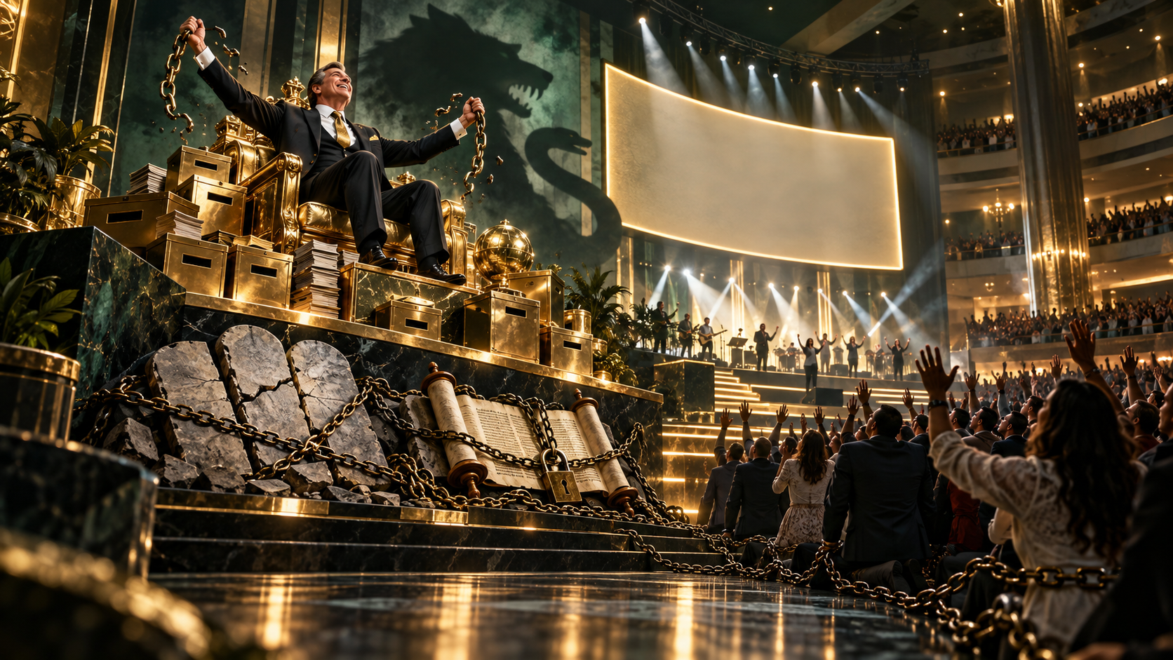 A preacher on a golden throne breaks chains while a Torah scroll and stone tablets remain chained beneath a stage dominated by wolf and dollar-sign shadows.