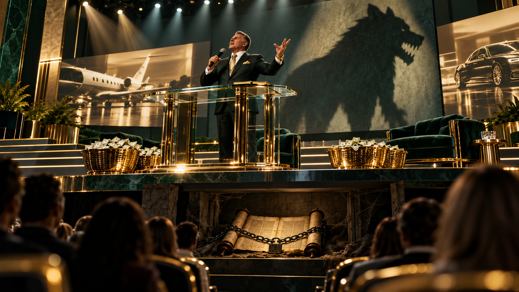 A wealthy preacher stands above cash offerings, luxury jet and car displays, and a chained Torah, with a wolf shadow behind him.
