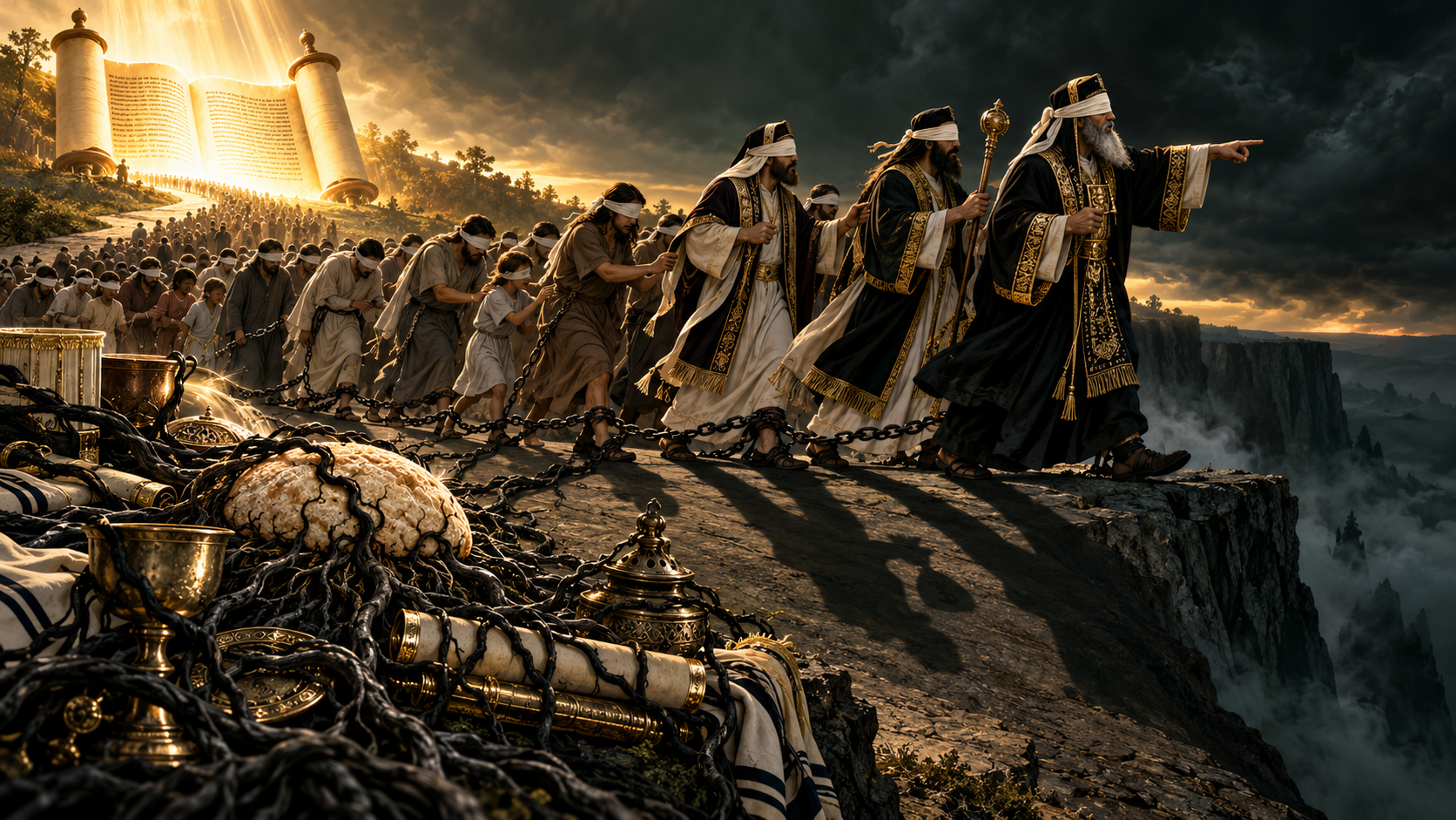 Blindfolded religious leaders guide a chained, blindfolded crowd toward a cliff while an illuminated Torah remains behind them.