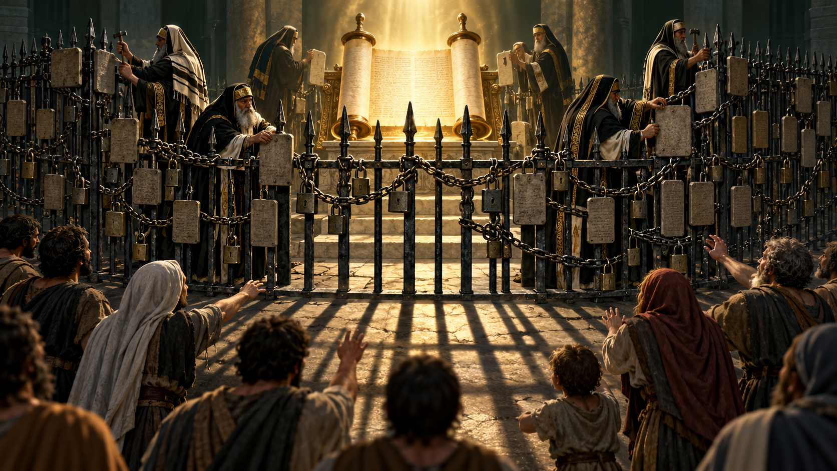 Religious authorities surround a glowing Torah scroll with fences, chains, locks, and added stone rulings while people reach toward it.