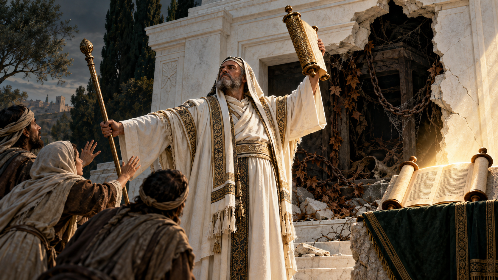 A religious leader displays a scroll before a white tomb whose broken wall exposes bones, decay, cobwebs, and chains.